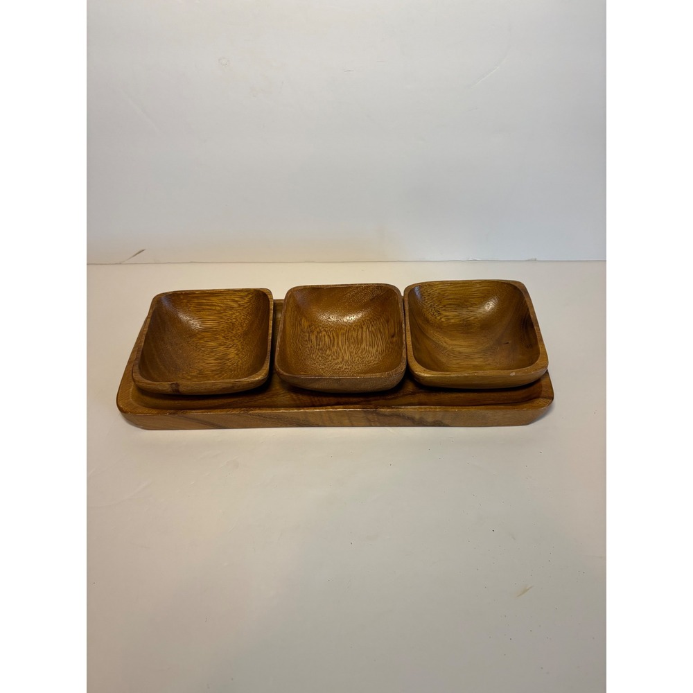 Vintage Monkey Pod Wood Serving Set 4 Piece Tray‎ and 3 Small Bowls Mid Century